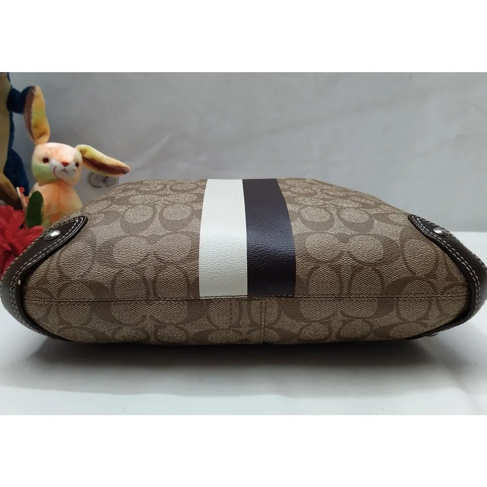 Coach Signature Brown Leather Heritage Strip Zipper Hobo Shoulder Bag